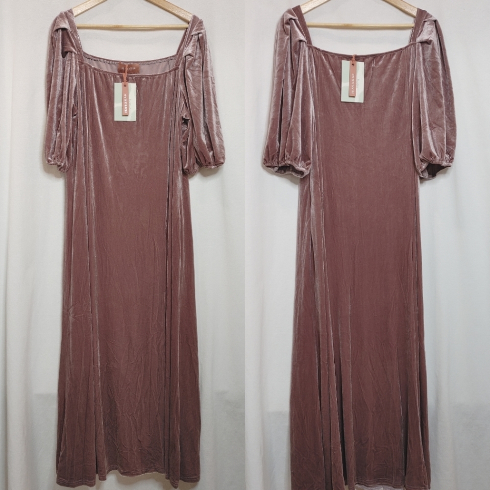 JessaKae Eloise Dusty Mauve Pink Blush Velvet Midi Dress Fitted Sleeves New 3X